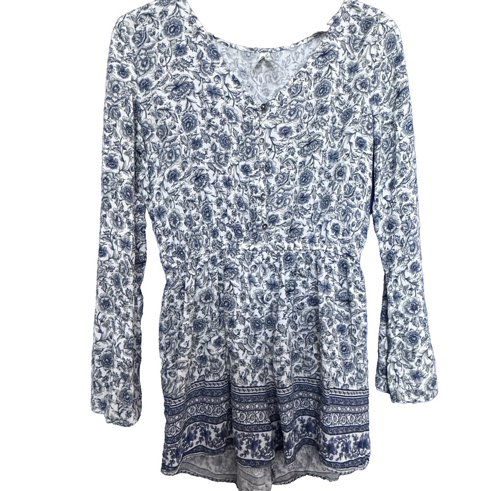 Mudd Boho Floral Bell Sleeve Romper Blue White V-Neck Rayon Border Print M